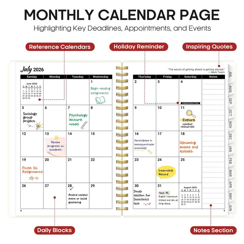 Monthly calendar page in open planner with highlighted key dates and appointments