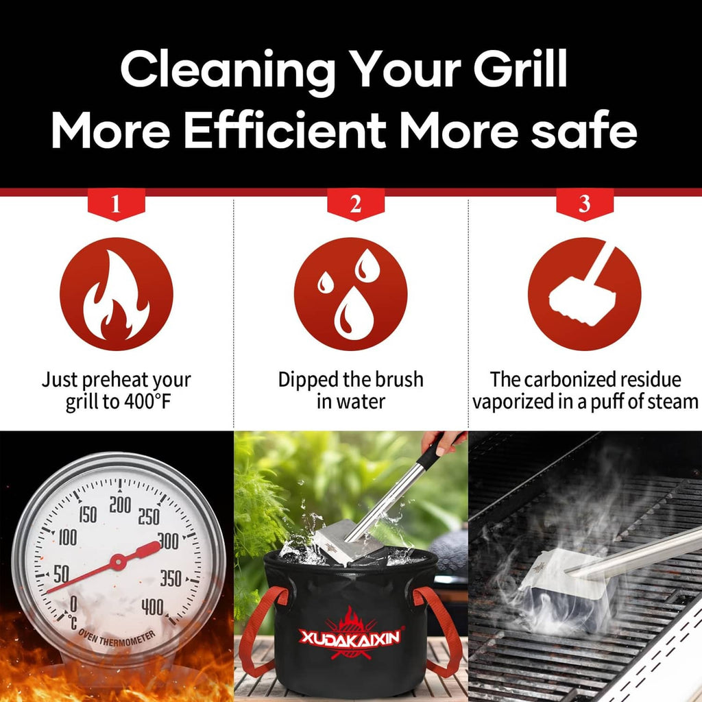 Steam grill brush showing black scrubbing pad on a long metal handle