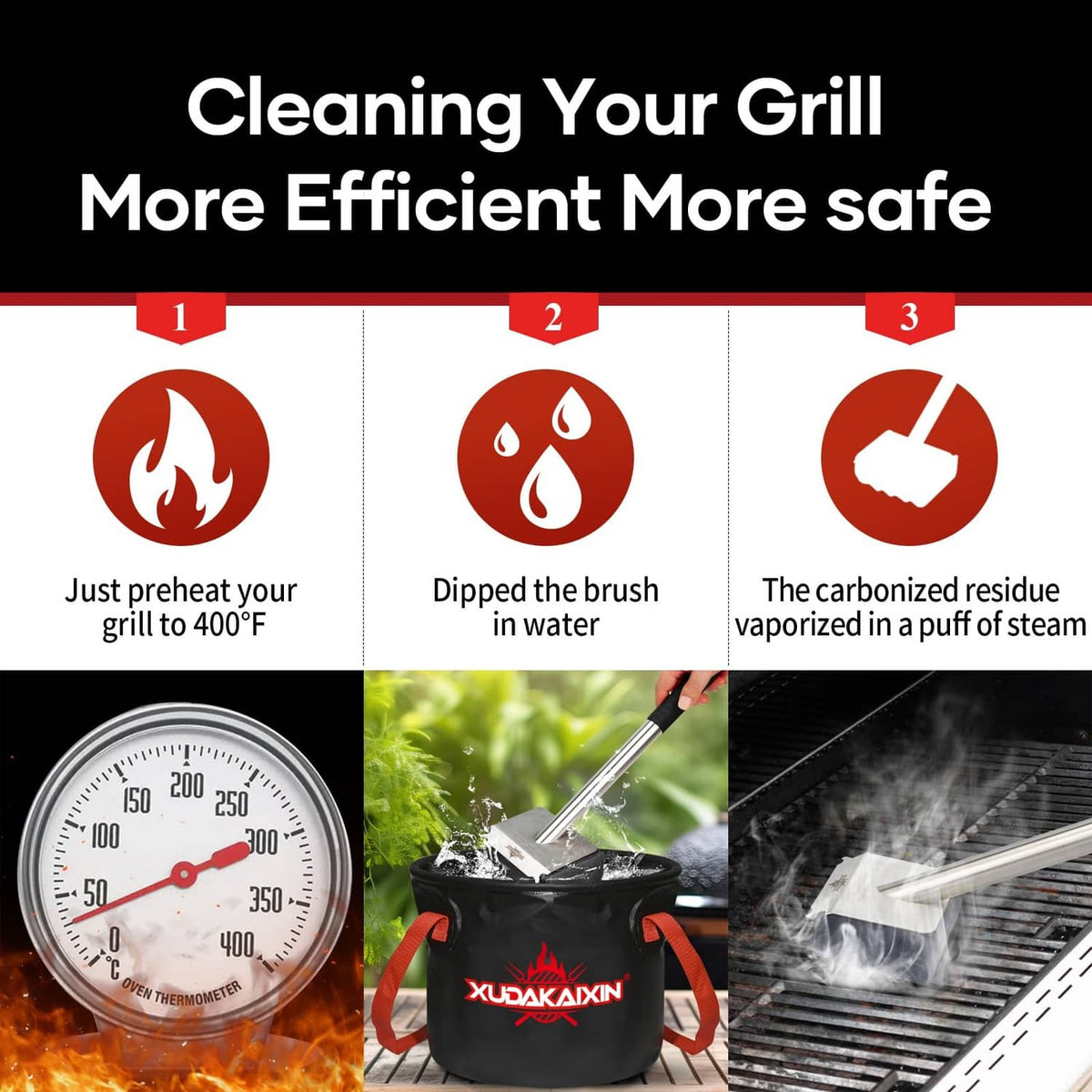 Steam grill brush showing black scrubbing pad on a long metal handle