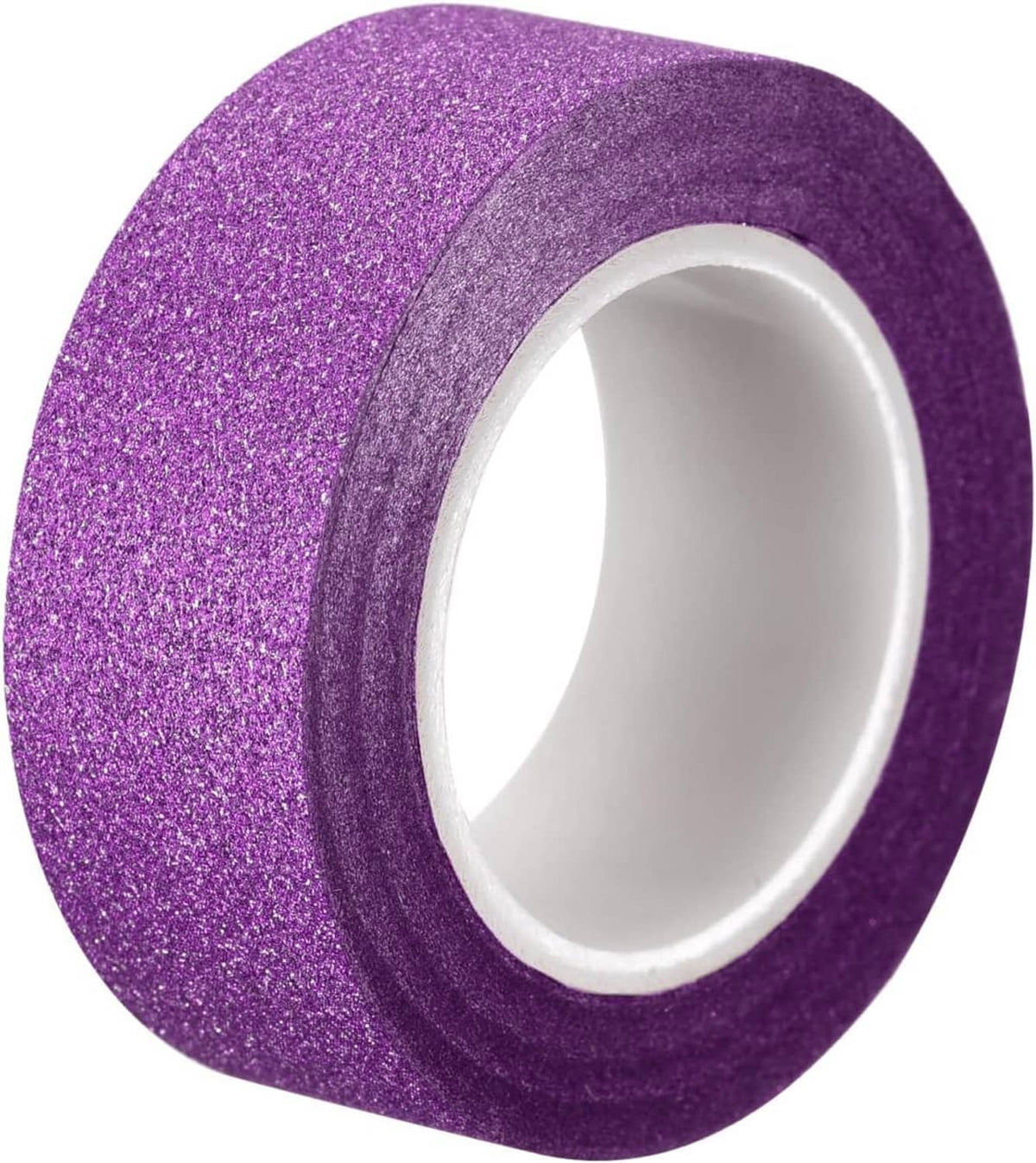 Close-up of purple glitter self-adhesive tape roll showing inner liner ring.