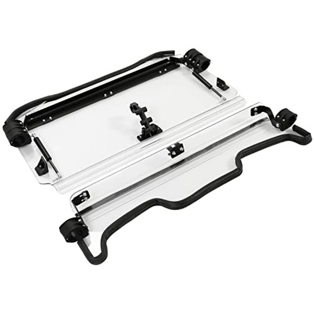 2-in-1 front windshield and lower guard with clear panels and black frame hardware