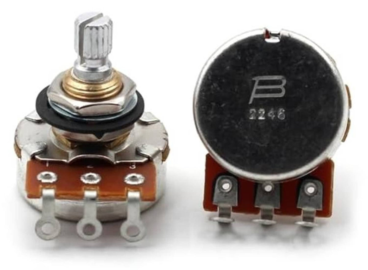 Potentiometer front view with short split shaft and three solder terminals; rear label visible.