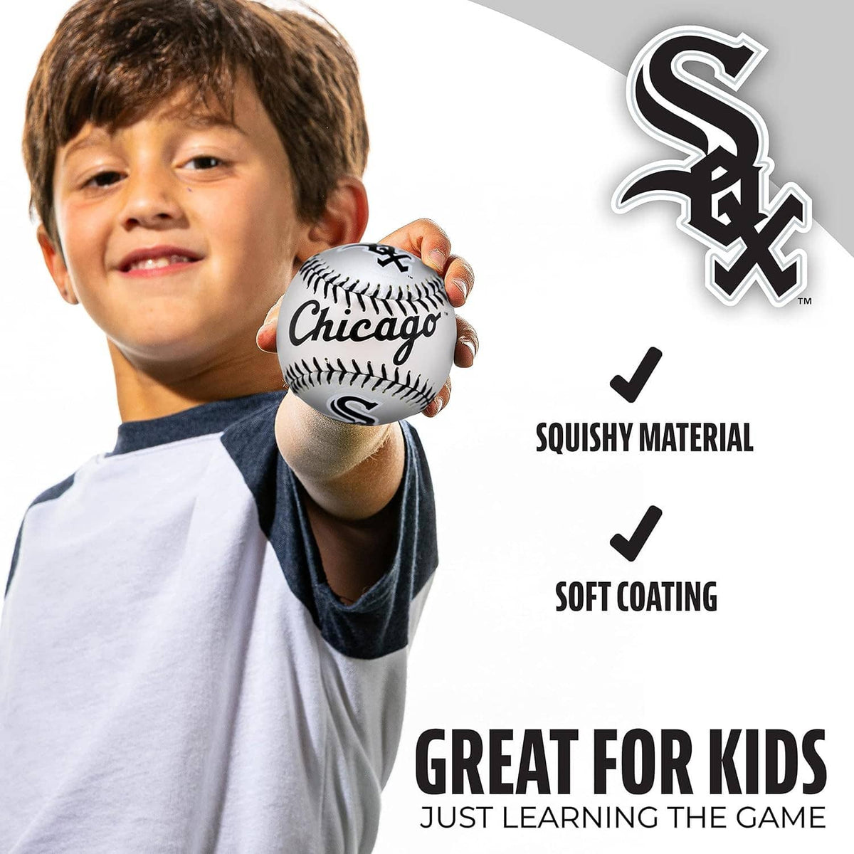Soft baseball held in hand with Chicago White Sox logo and wordmark