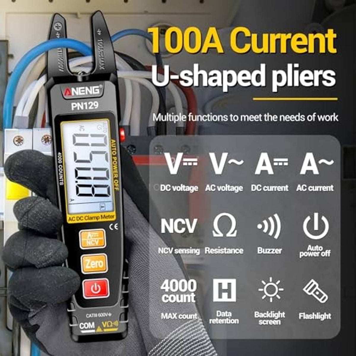 Clamp multimeter tester with LCD screen shown in gloved hand near gray tool bag