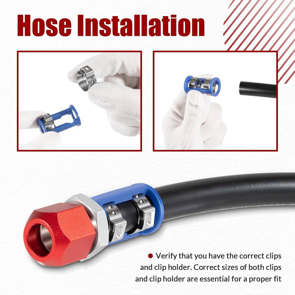 A/C line splice kit with red fitting, blue clamp, and black hose section