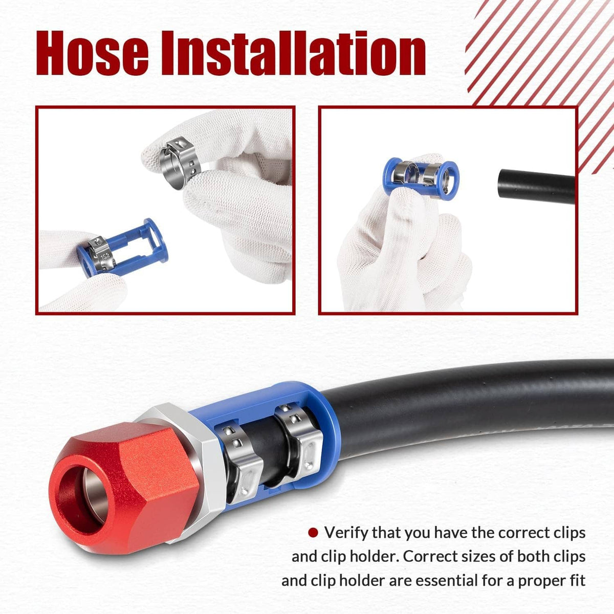 A/C line splice kit with red fitting, blue clamp, and black hose section