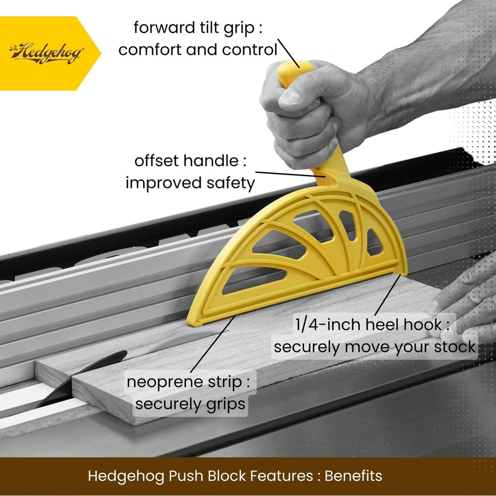 Yellow push block with offset handle and heel hook, held while pushing a wooden board
