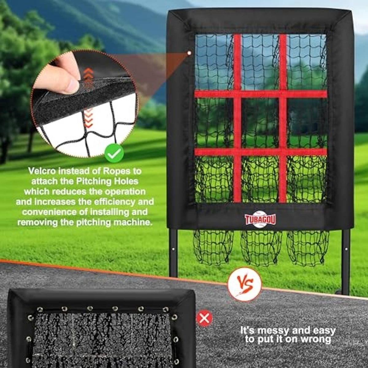 Pitching net target with red strike zone grid, black frame, and reinforced base