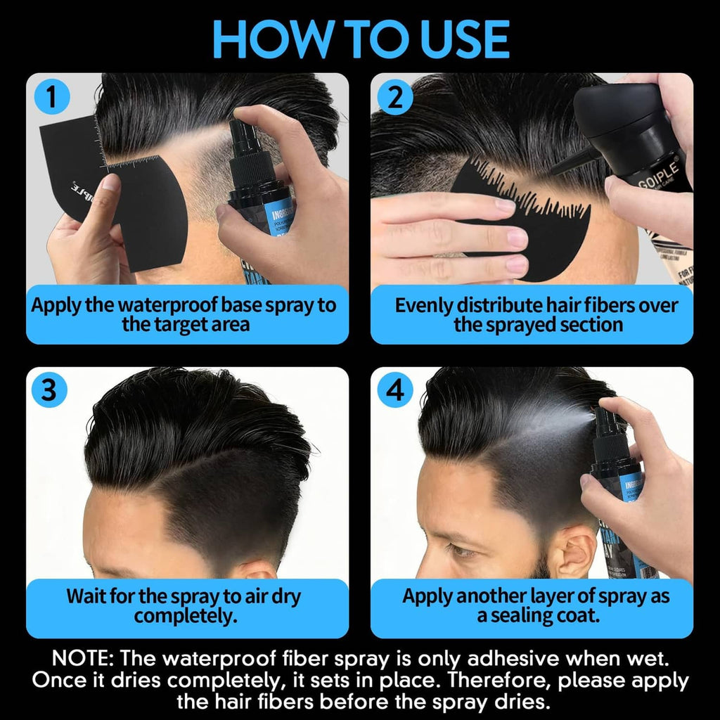 How-to-use panel showing hands spraying hair with waterproof fiber spray