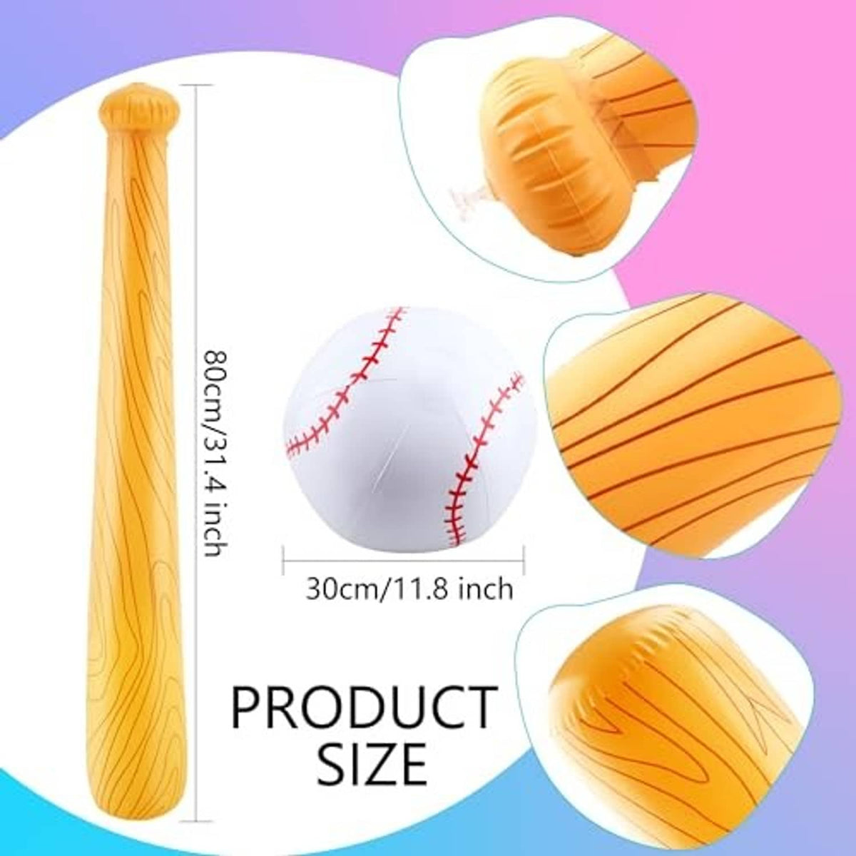 Orange inflatable baseball bat with a woodgrain pattern, shown with white red-stitched baseballs