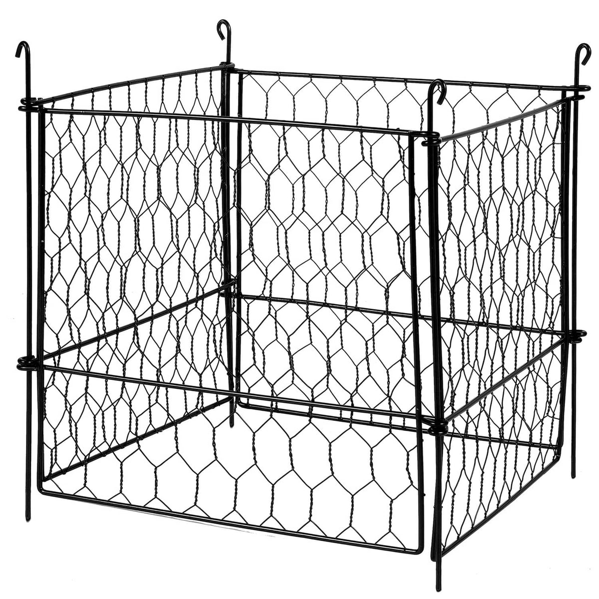 Black metal plant cage with hex wire mesh and two side supports, rectangular