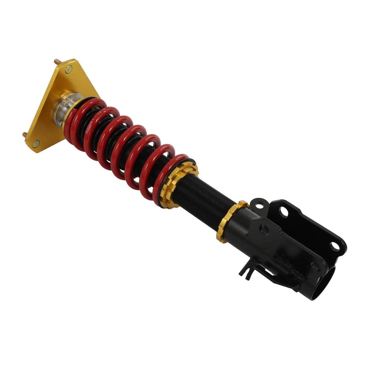 Single coilover shock with red coil spring and gold mounting plate, black bracket