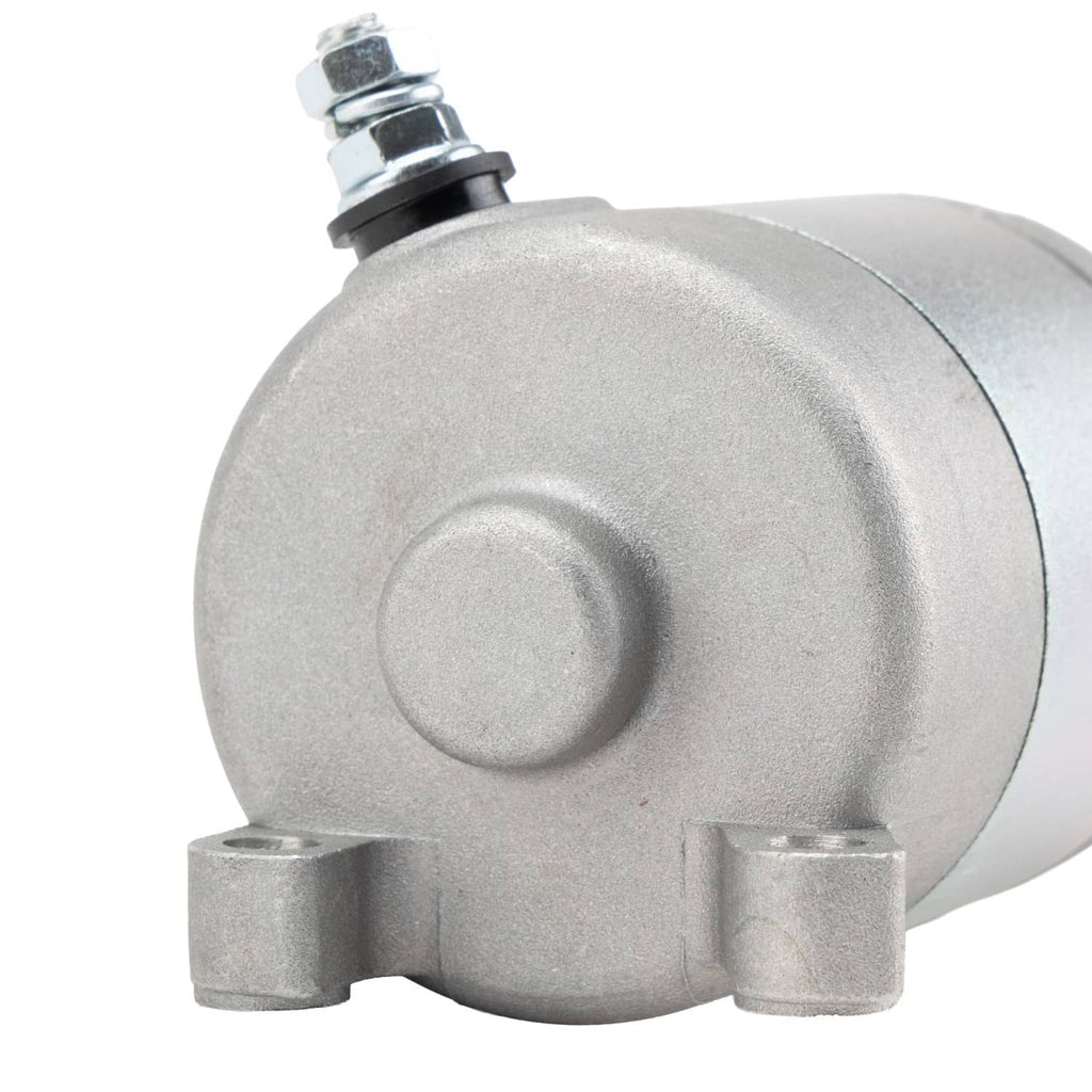 Starter motor side housing with circular cover and top electrical terminal post