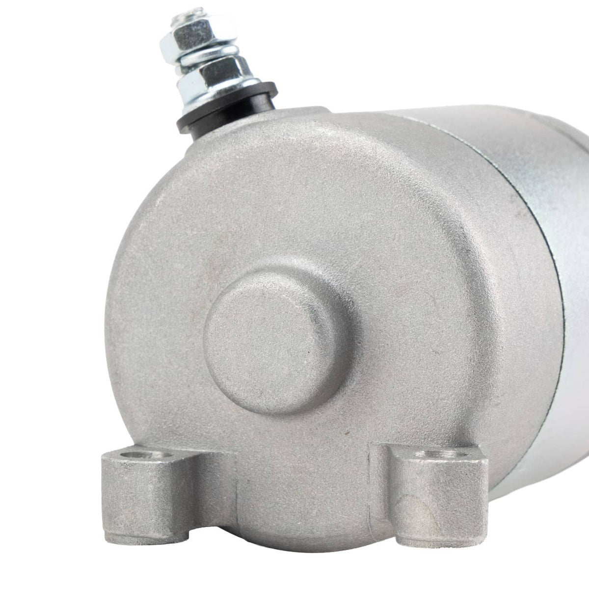 Starter motor side housing with circular cover and top electrical terminal post