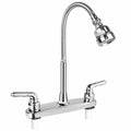 Chrome RV kitchen sink faucet with tall gooseneck and flexible sprayer hose
