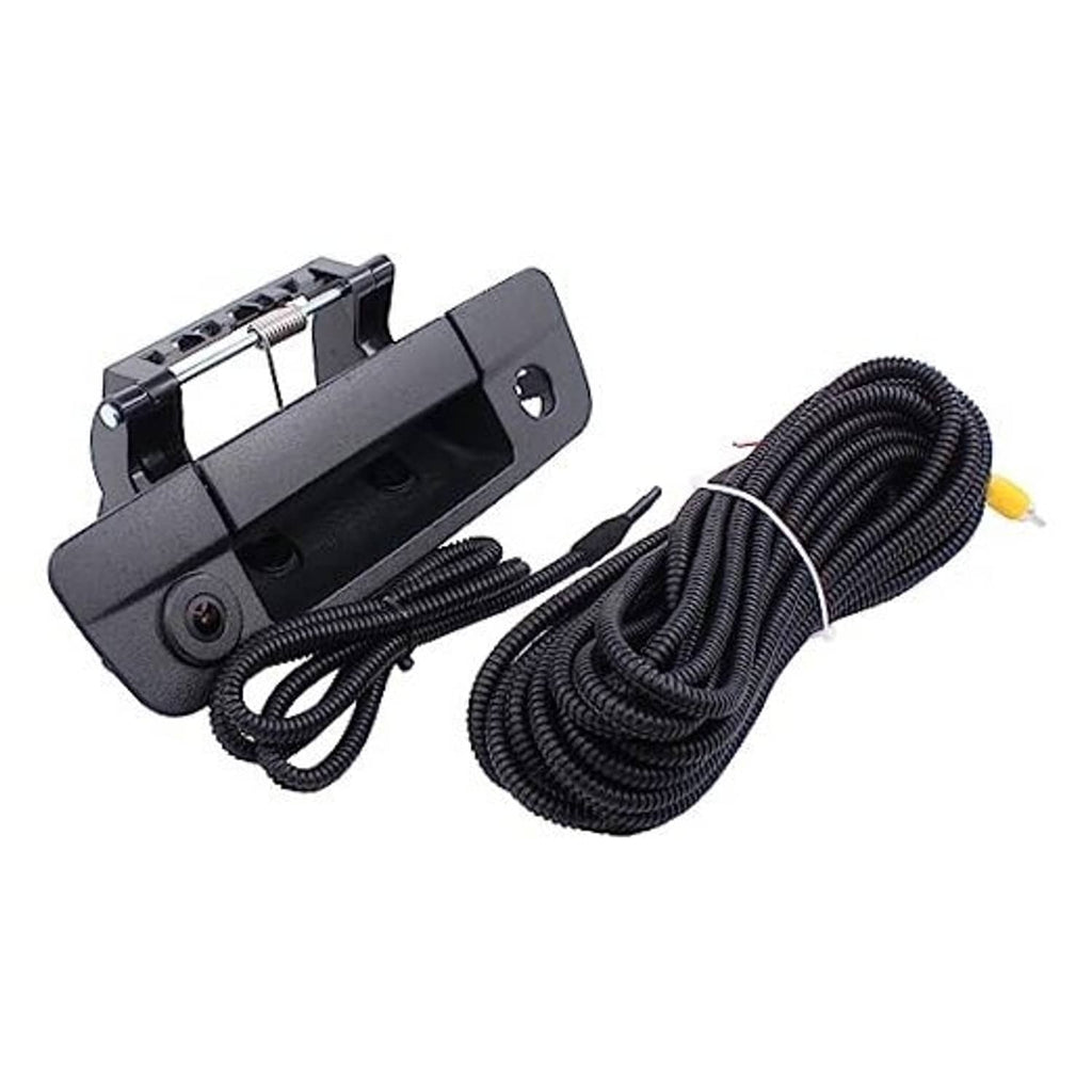 Backup camera tailgate handle assembly with black cable harness and connector