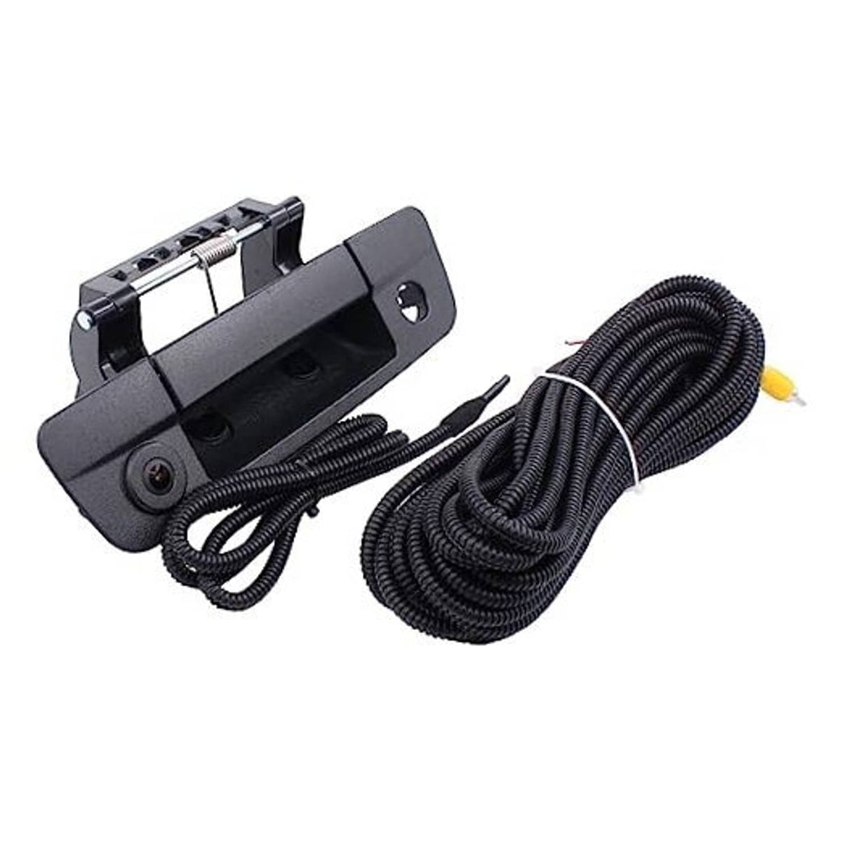 Backup camera tailgate handle assembly with black cable harness and connector