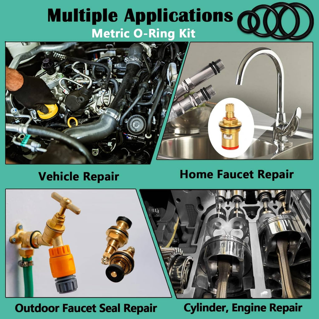 Metric O-ring kit with illustrated uses for vehicle, home faucet, outdoor and engine repairs