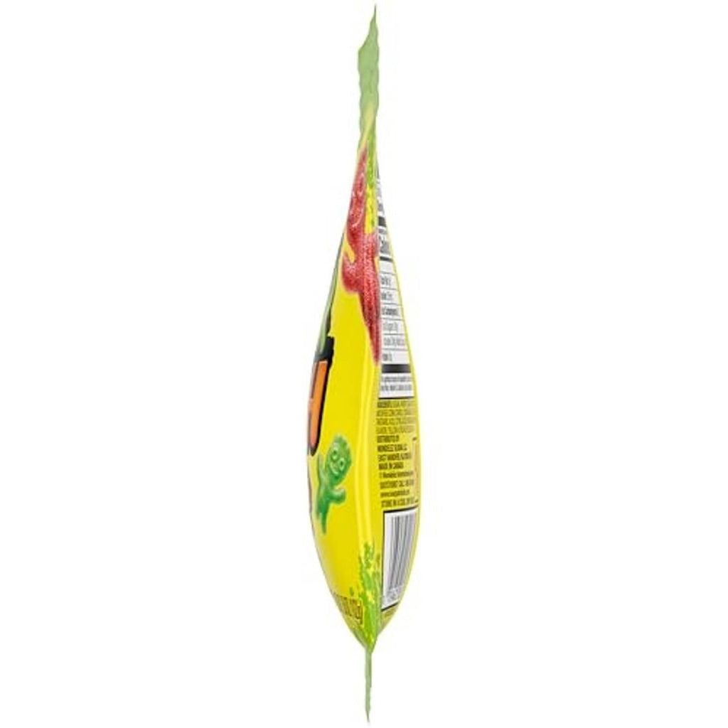 Yellow sour candy bag side with ingredient text and barcode section visible