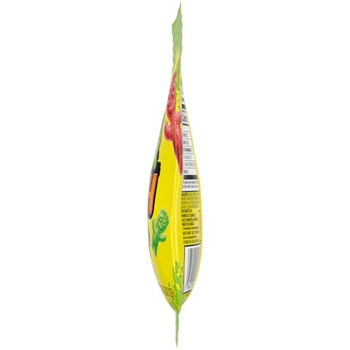 Yellow sour candy bag side with ingredient text and barcode section visible