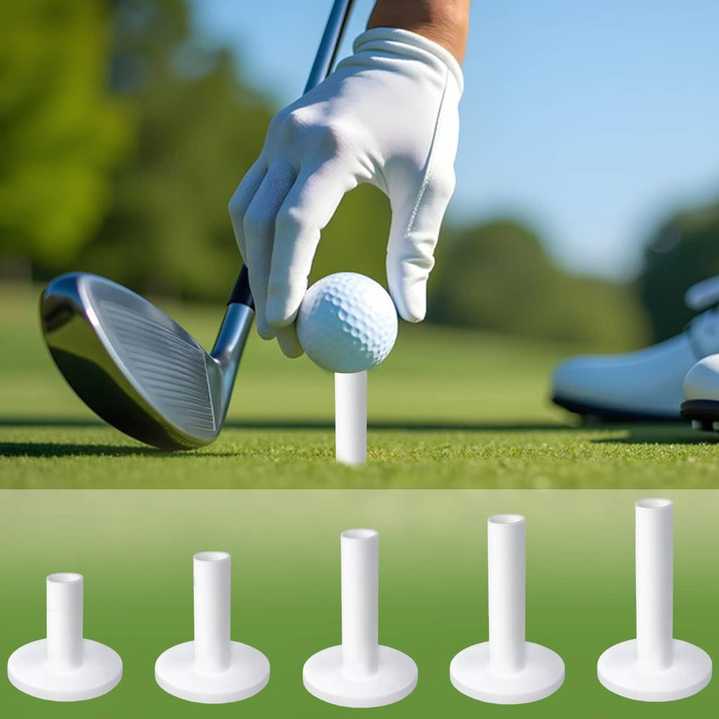 Golf player’s hand placing a ball on a white rubber tee; multiple tees lined up