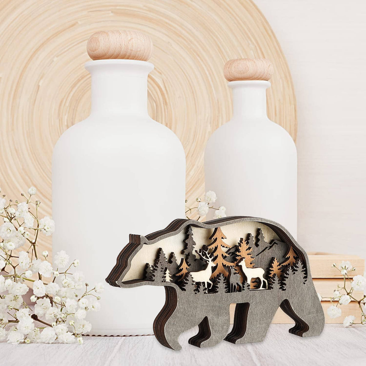 Wooden bear decor with layered forest animals and trees, gray base with brown edges
