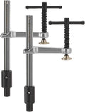 Welding table clamps set with silver steel frame and black grip handles, two adjustable posts