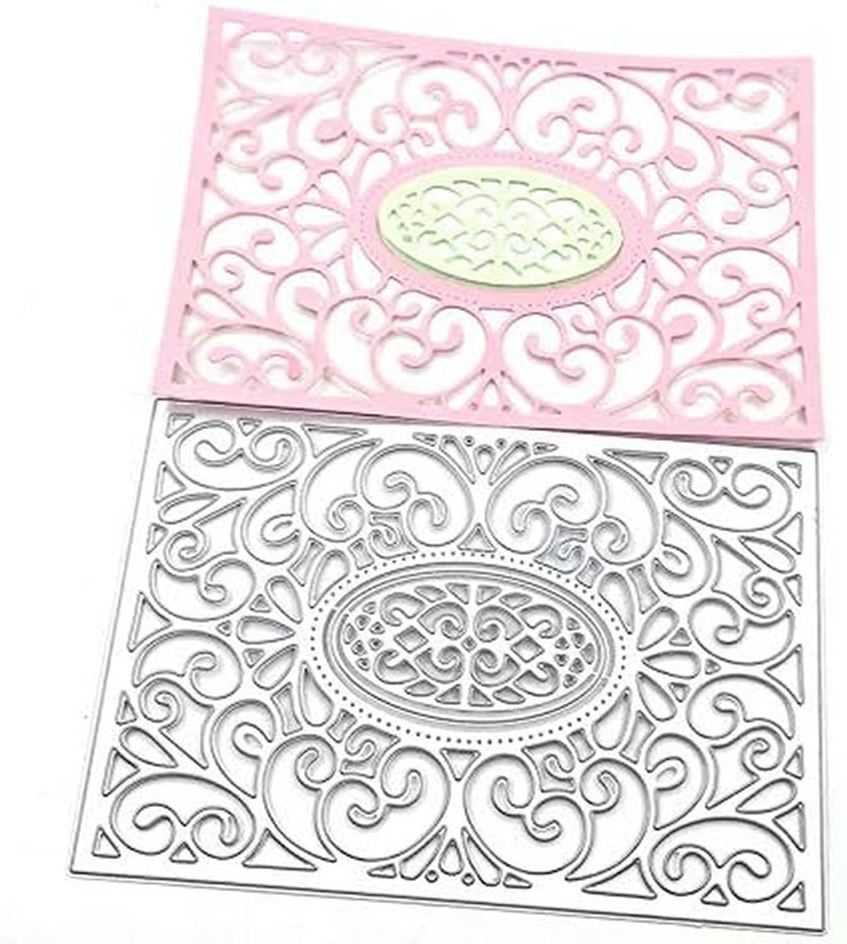 Two stacked lace flower frame cutting dies with oval center decorative cutout