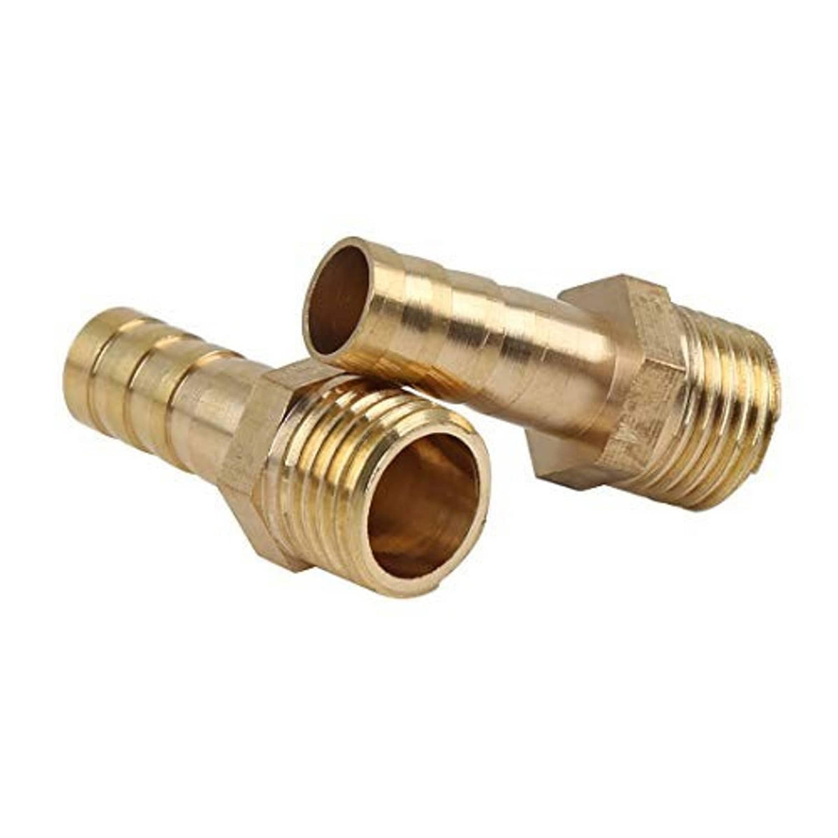 Brass hose barb fitting connector with 1/4 in NPT male threads and barbed hose ends