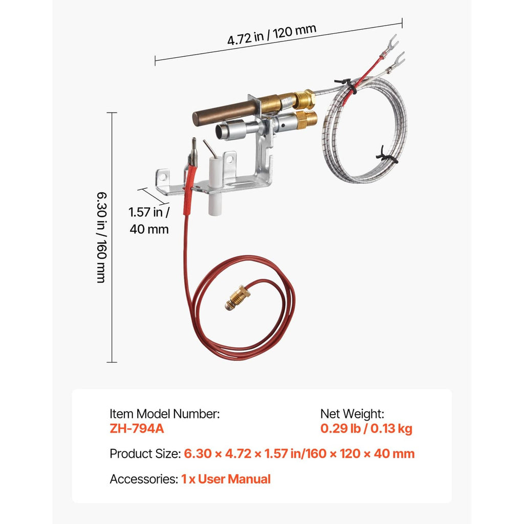 Gas pilot ignition assembly with braided tubing loop, red wire harness, and mounting frame