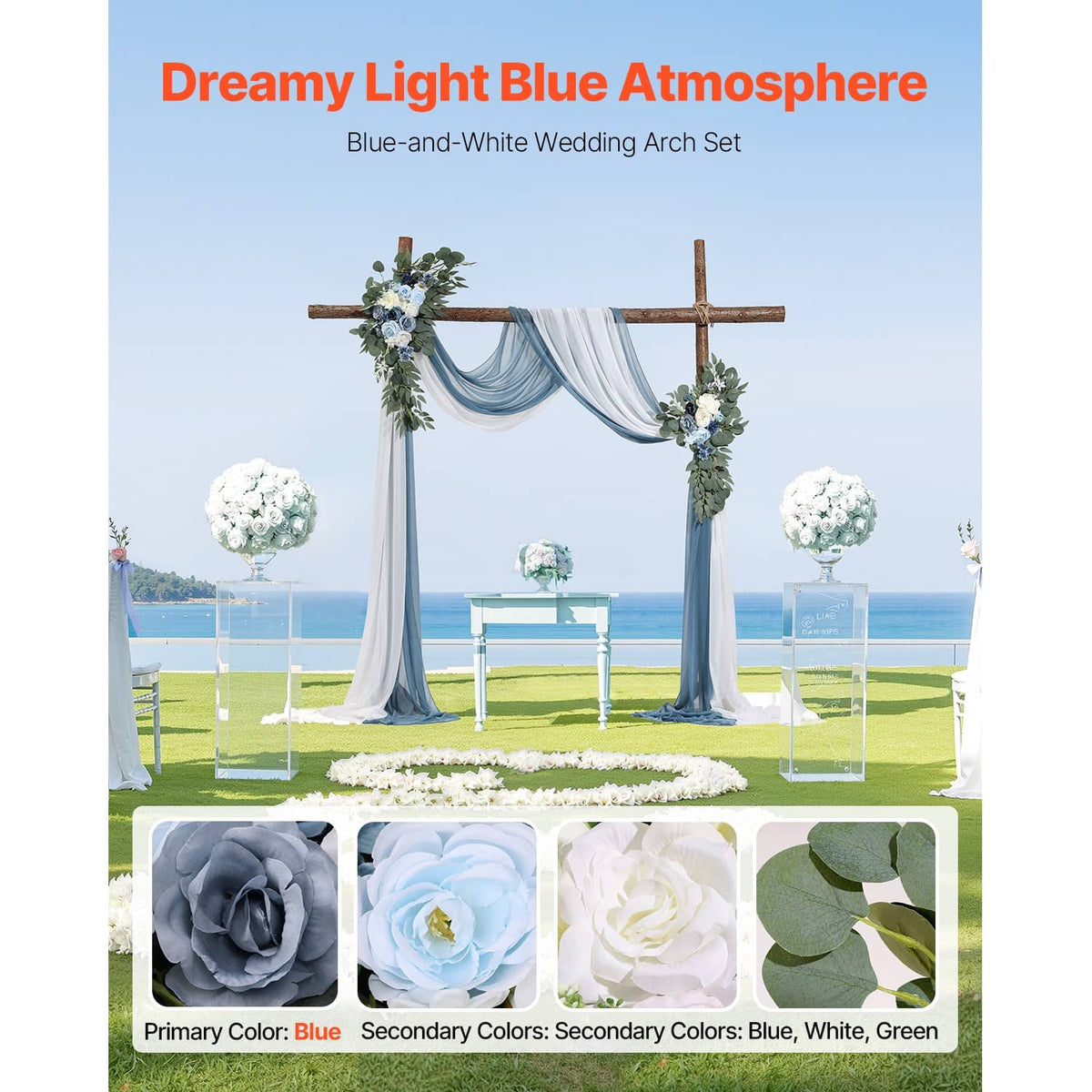 Wedding arch set with blue-and-white corner flowers and flowing drape fabric
