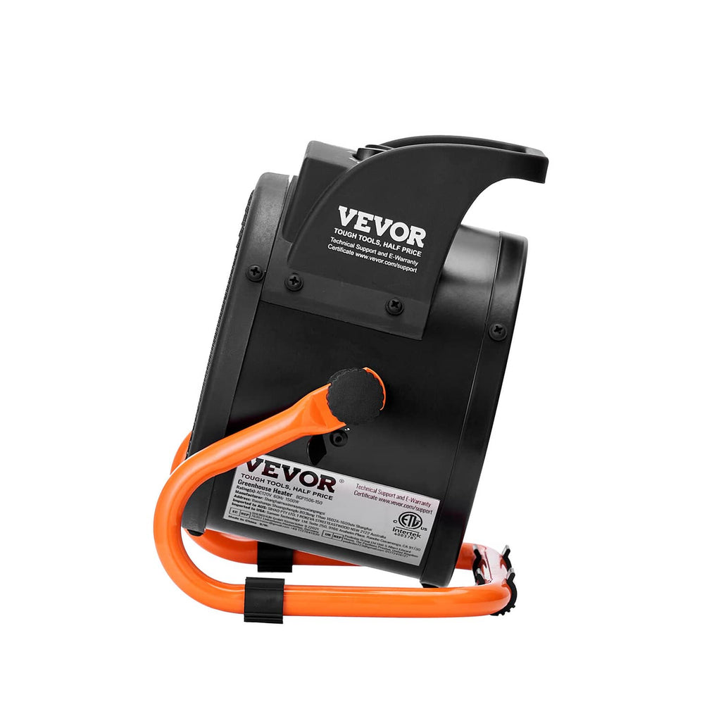 Side view of black VEVOR greenhouse heater with orange carry handle and control knob
