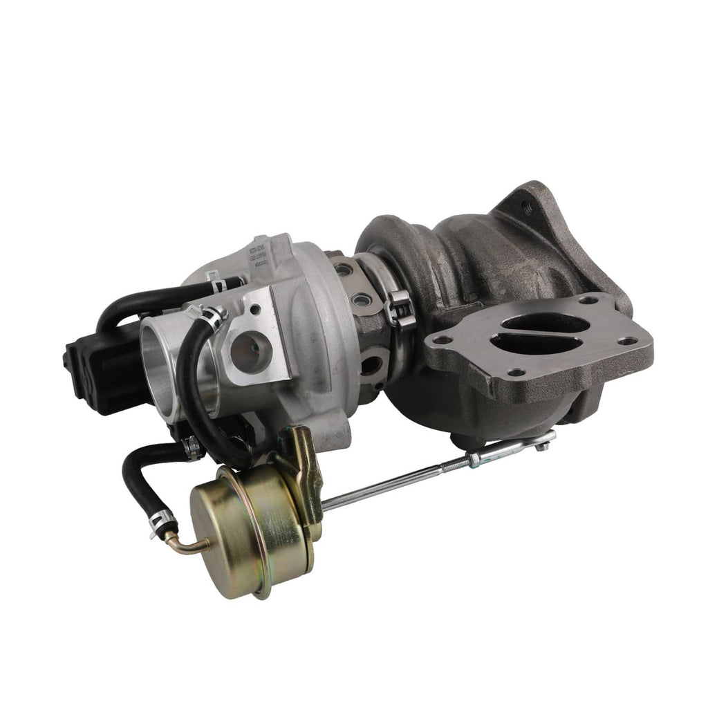 Billet turbocharger with cast housings, black hoses and electrical connector attached