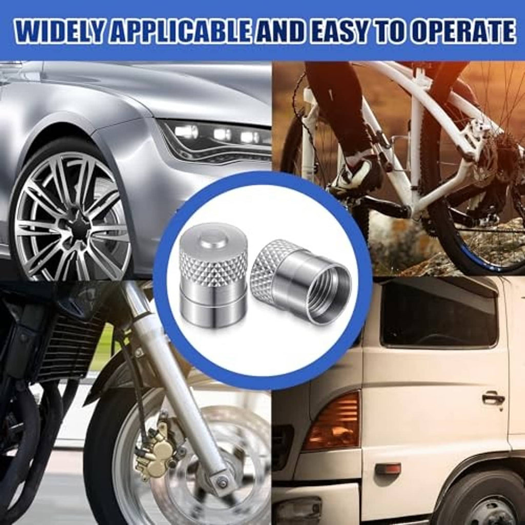 Metal tire valve stem caps with textured top and side grip, pair