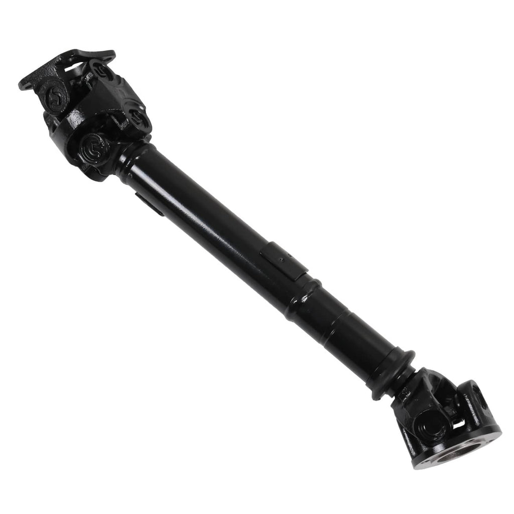 Black front driveshaft with U-joint housing and cross section detail, angled.