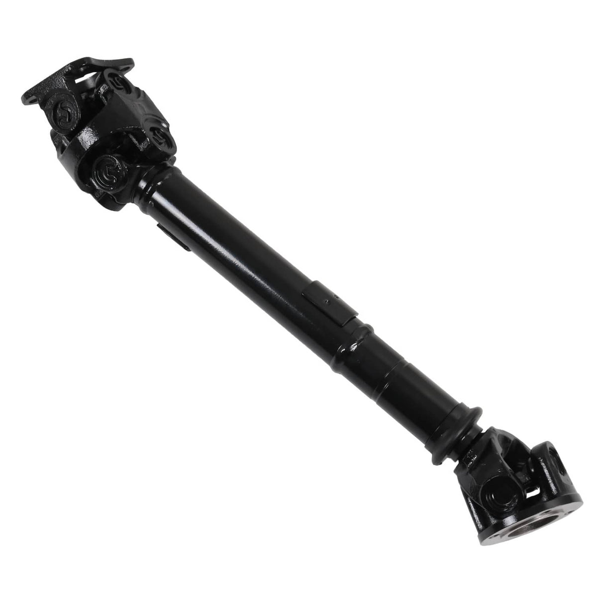 Black front driveshaft with U-joint housing and cross section detail, angled.