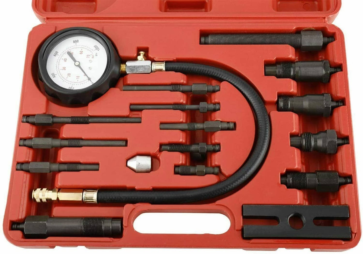 Diesel compression gauge tester set with round gauge, hoses, and multiple connectors in tray