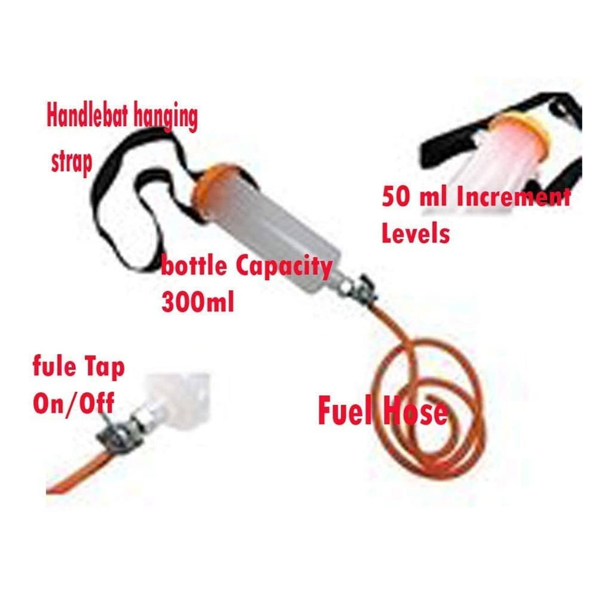 Fuel tap on/off carb tool kit with clear bottle, orange fuel hose, and black handle strap