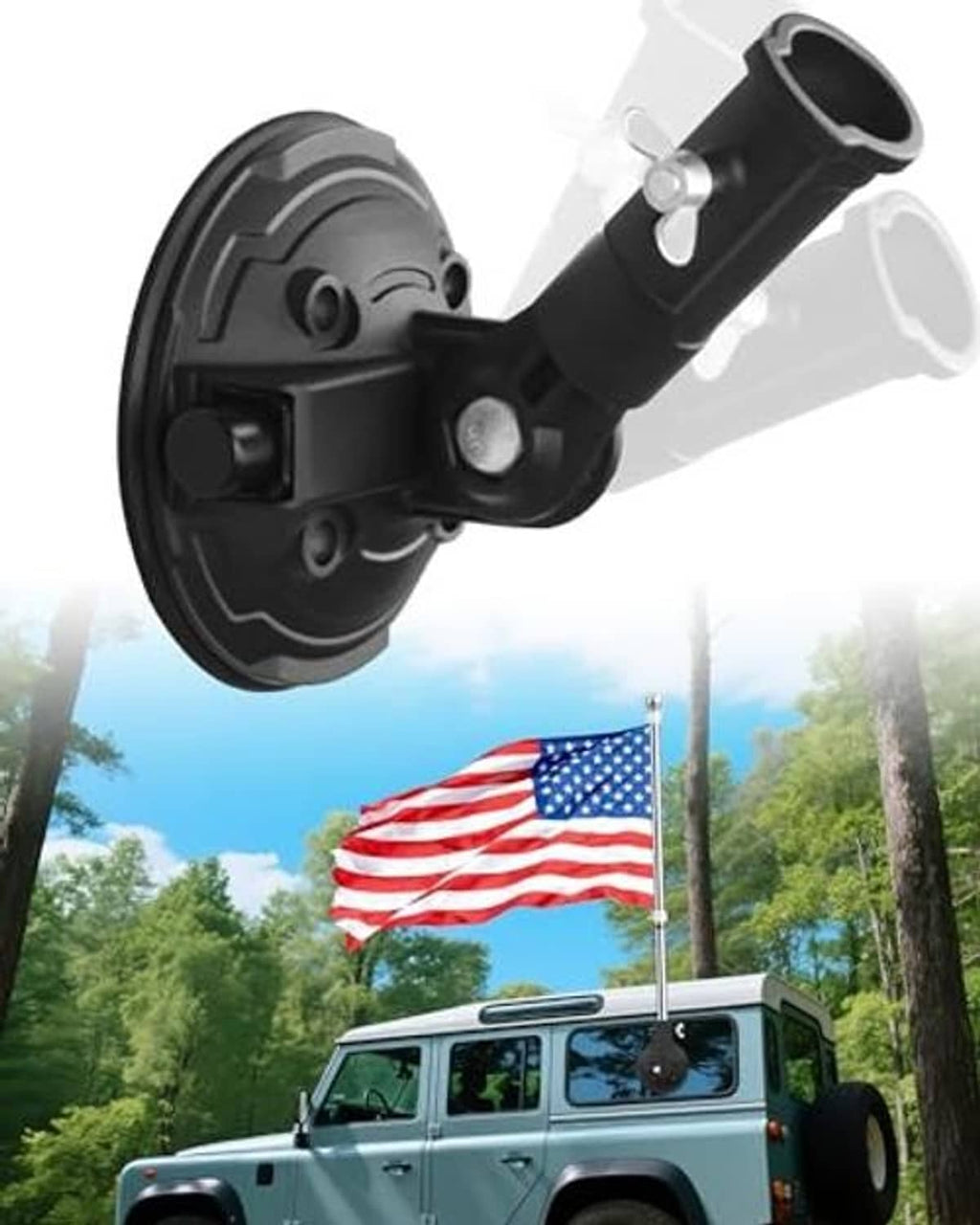 Black suction cup flag holder with metal flagpole socket and side tightening knob