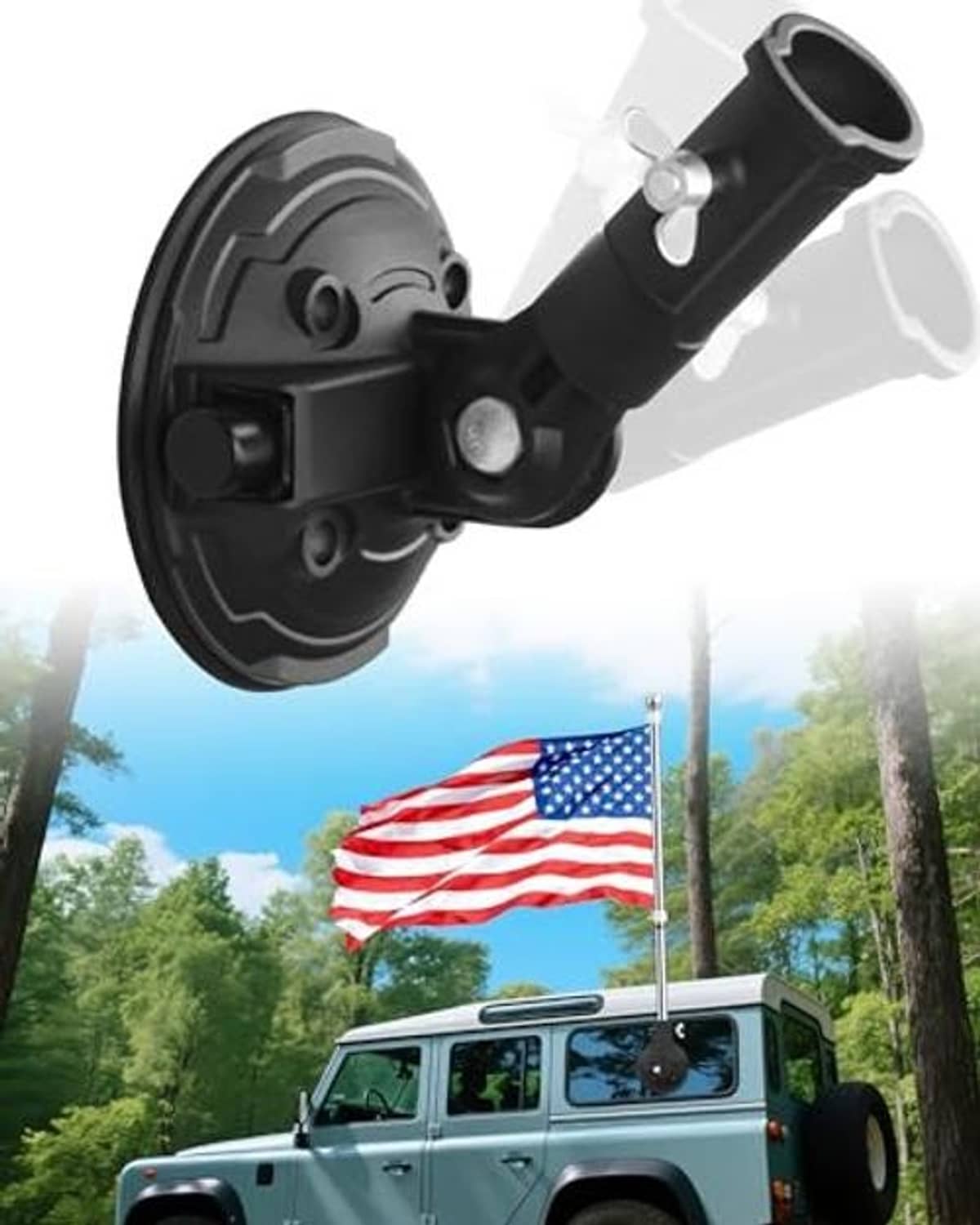 Black suction cup flag holder with metal flagpole socket and side tightening knob