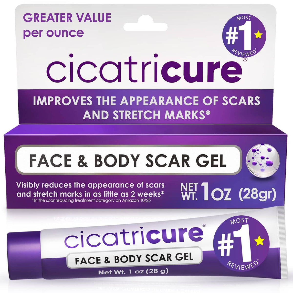 Cicatricure face and body scar gel box with purple tube, 1 fl oz (28 g)