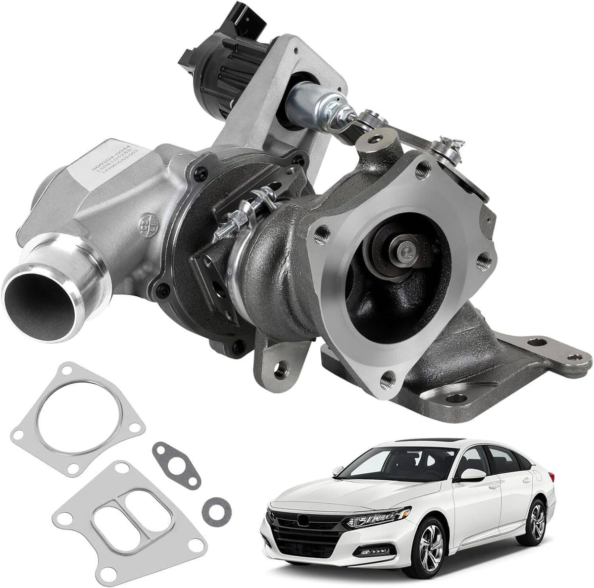 Turbocharger with actuator, angled view with exhaust inlet and actuator connector.