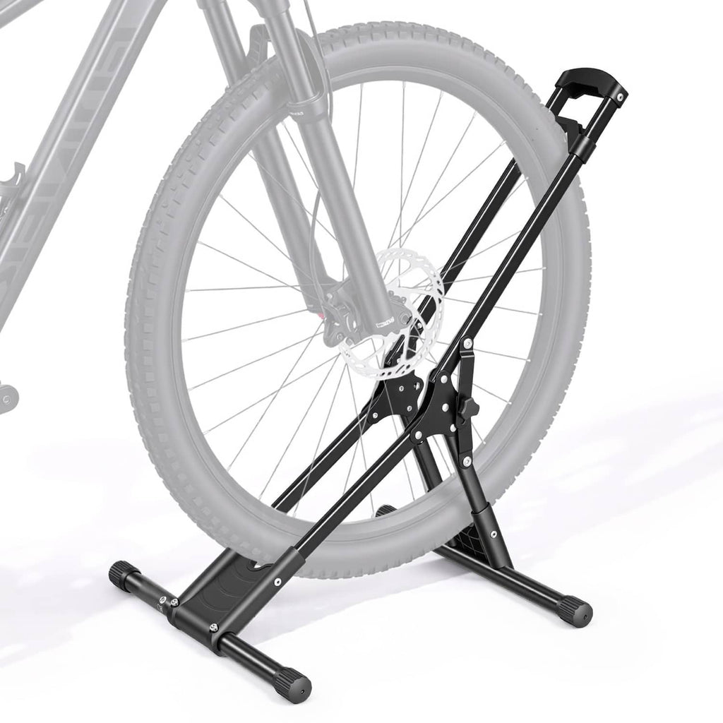 Black foldable freestanding bike storage rack holding a bicycle by the front wheel