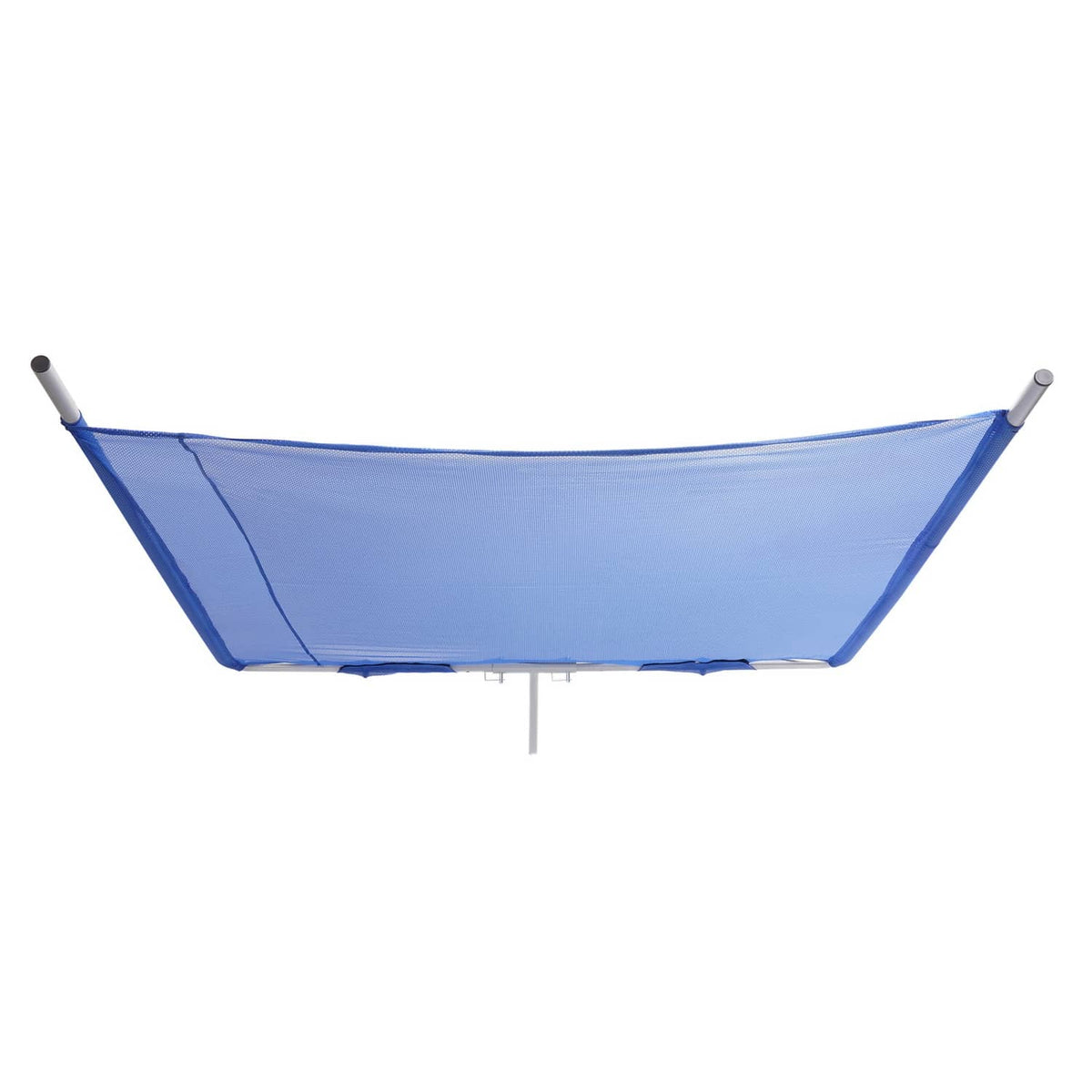 Blue mesh boat sun shade with silver poles and center hanging bar