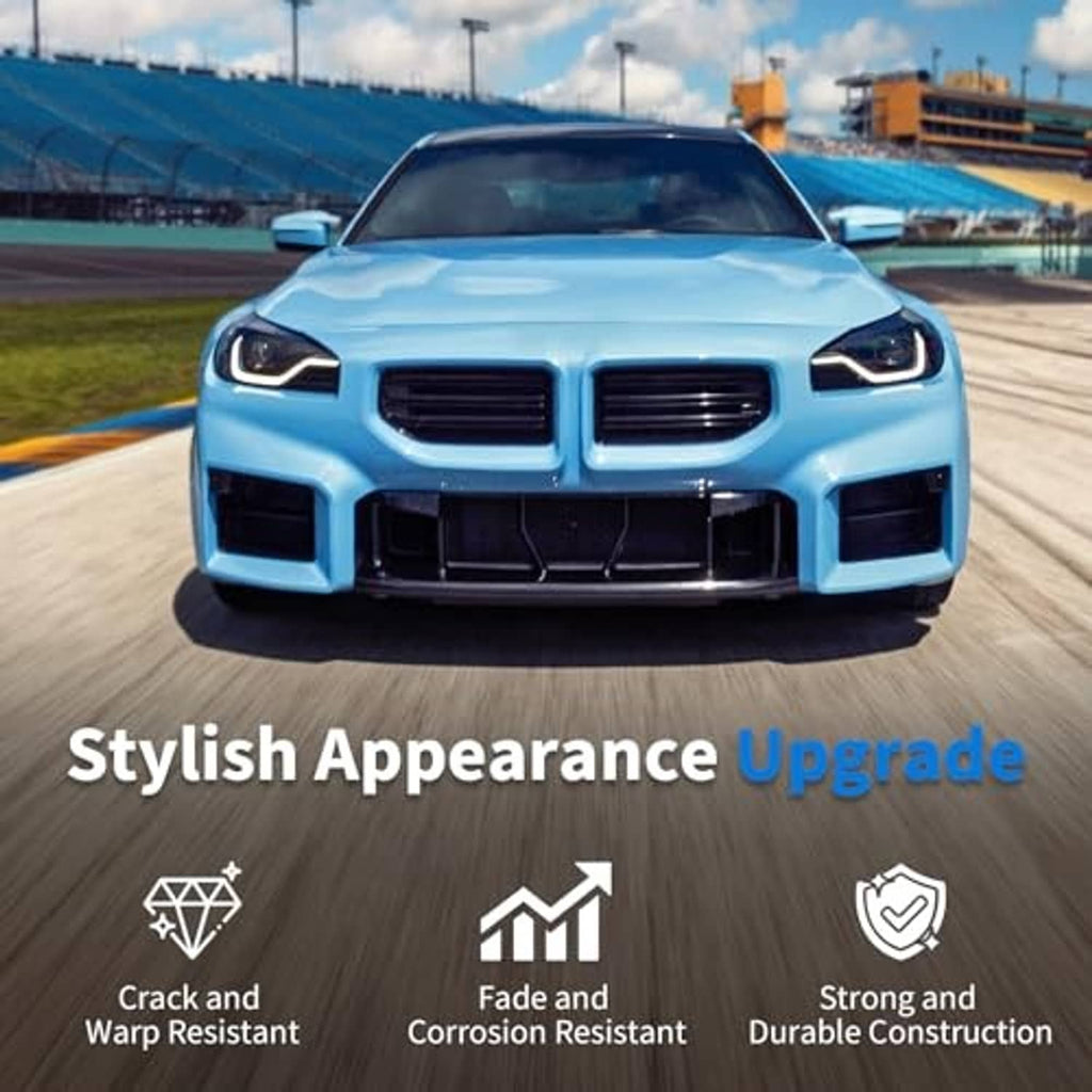 Front lower bumper grille mesh installed on blue car, black diamond-mesh inserts