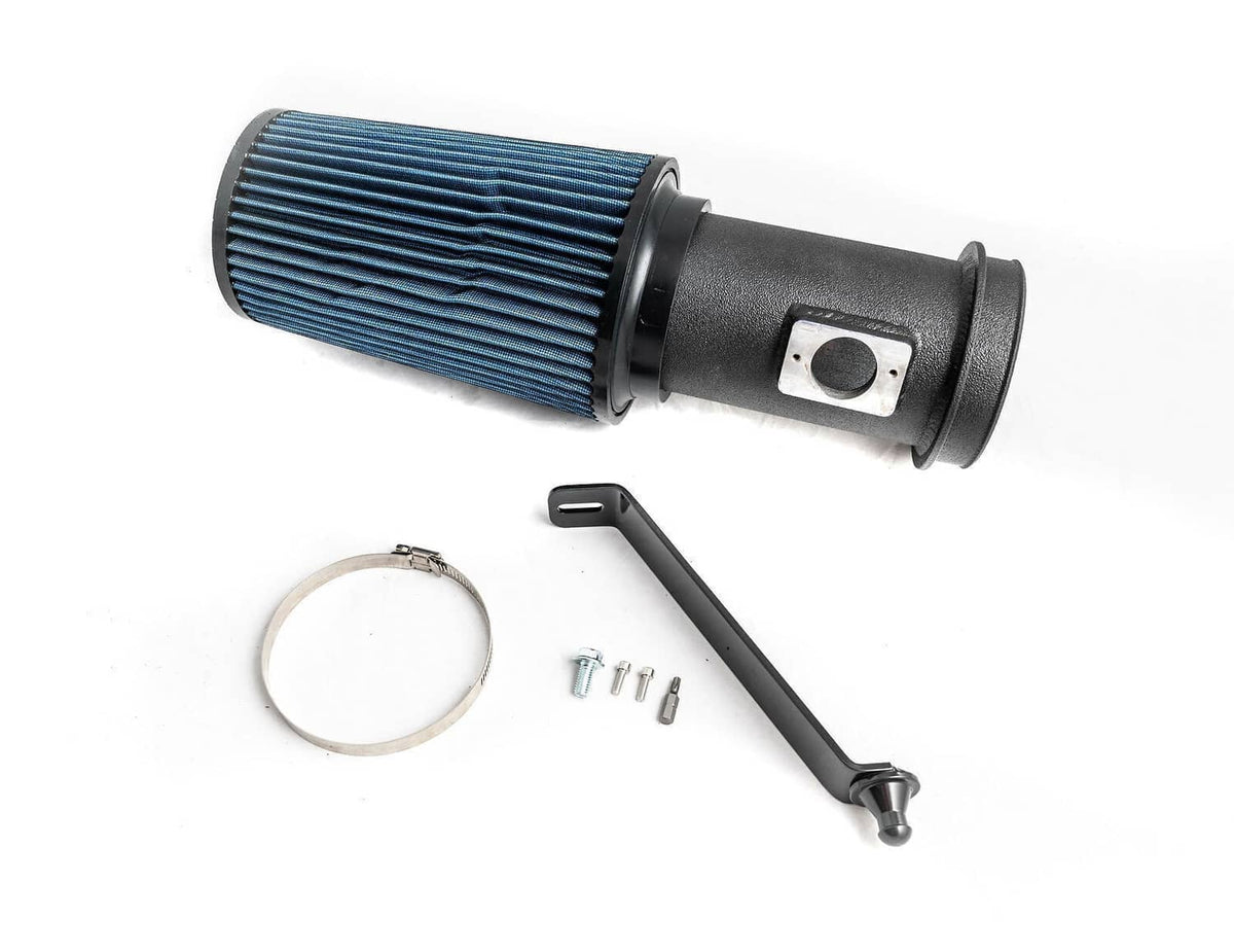Cold air intake kit with blue cone filter, black housing, bracket, clamp ring, and screws