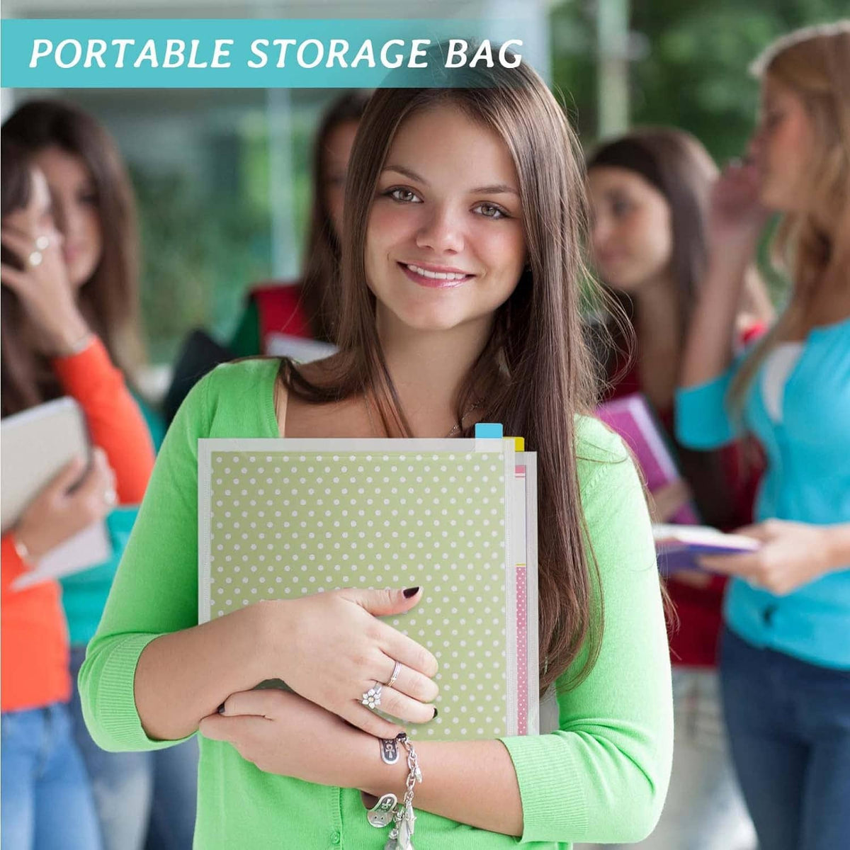 Portable storage bag holding a scrapbook paper storage organizer