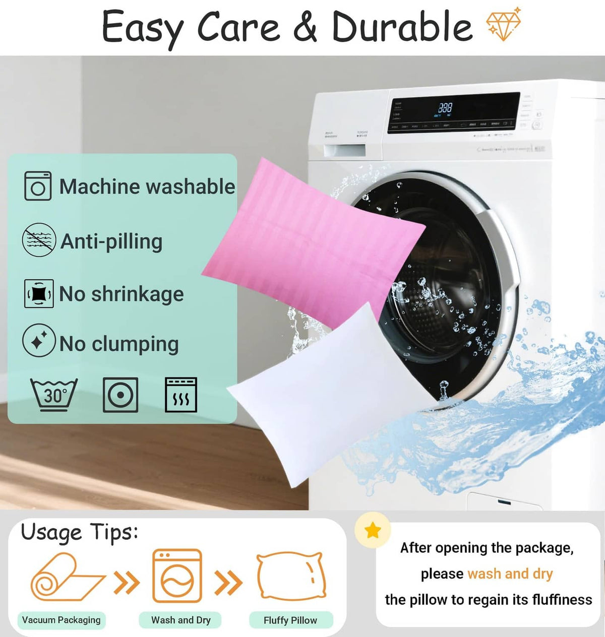 Pink striped toddler pillowcase shown with machine-wash care imagery