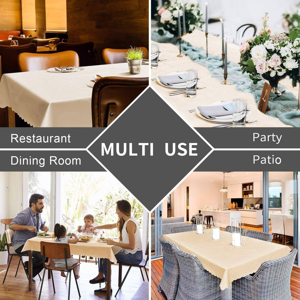 Round beige floral vinyl tablecloth styled for dining and party tables with full coverage