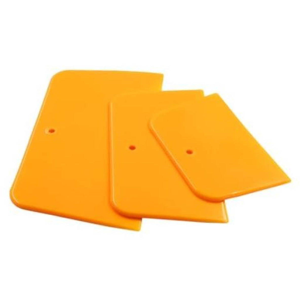 Orange plastic car wrap squeegee spreader set, four square-edge tools with holes
